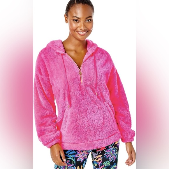 NEW LILLY PULITZER Suri Sherpa Hoodie PINK GRENADINE Pullover NWT L Large - Picture 2 of 7